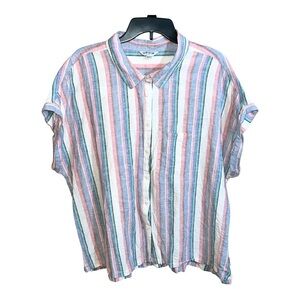 Orvis Shirt Women’s XXL Blue Red White Stripes Sleeveless Button Front Linen